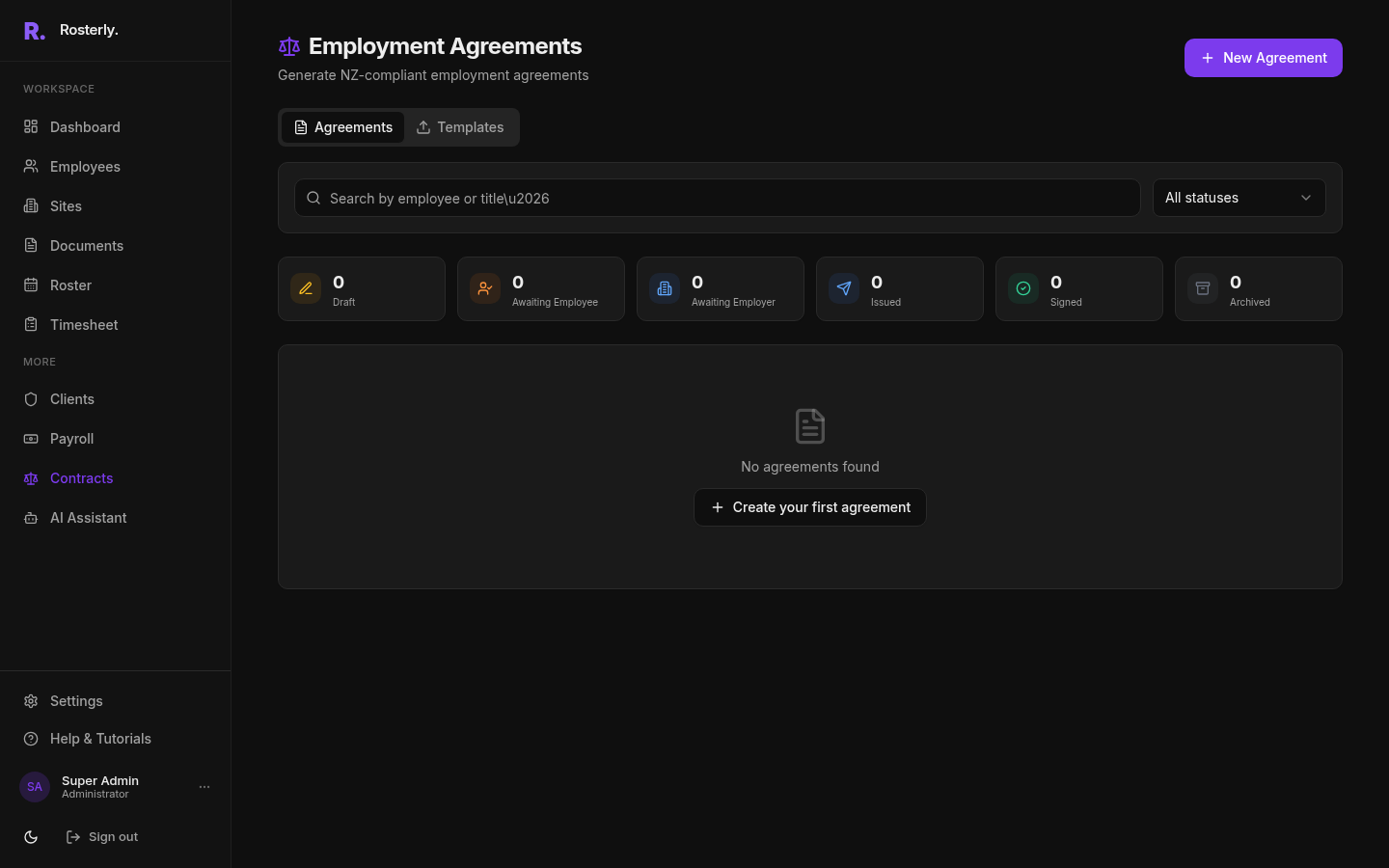 Contracts page showing employment agreement templates and sent agreements