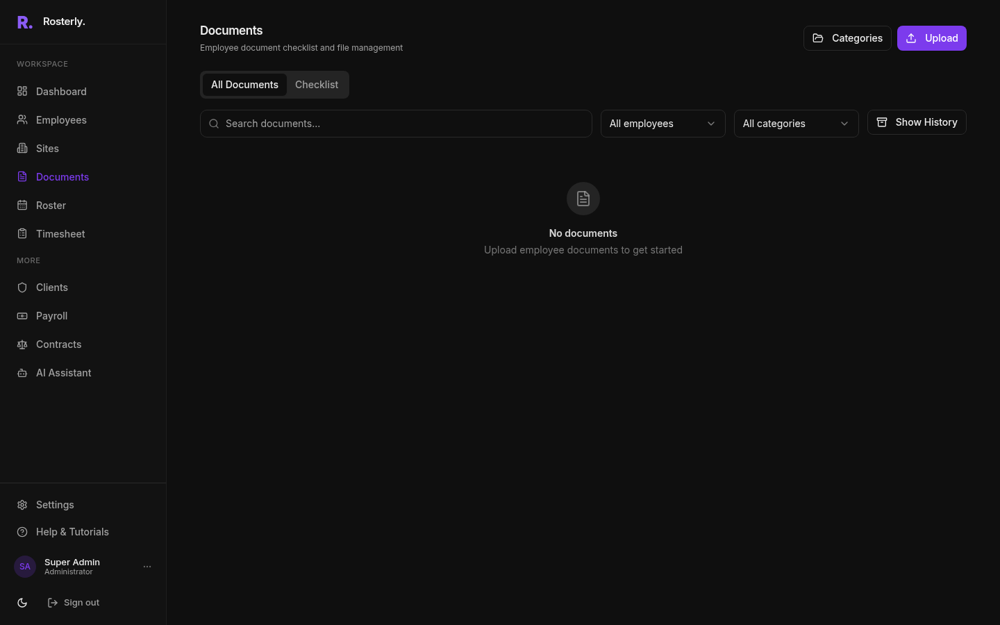 Documents page for managing employee files and compliance documents