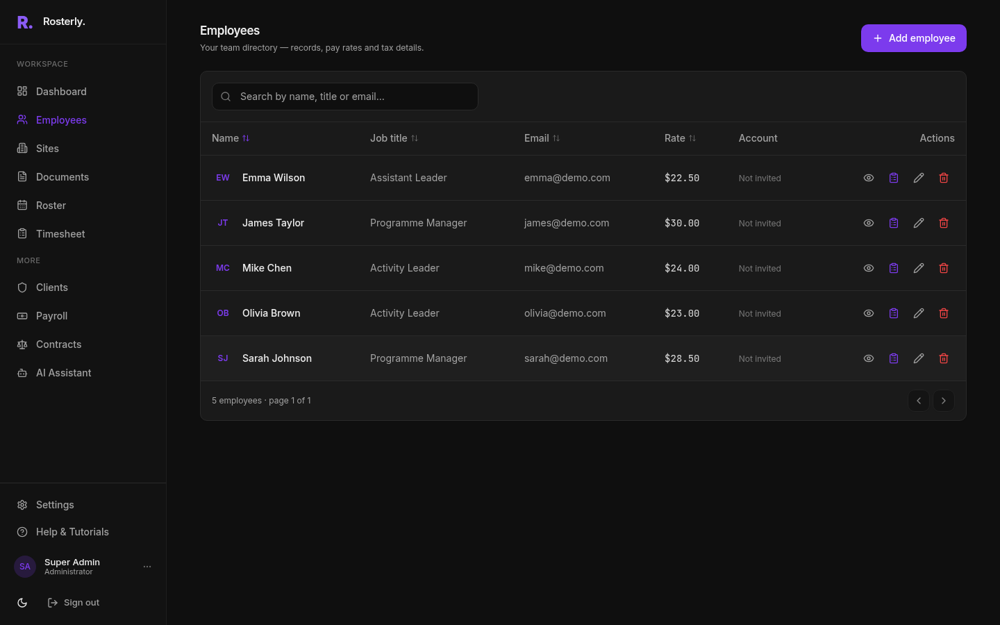Employees list showing names, job titles, hourly rates, and action buttons
