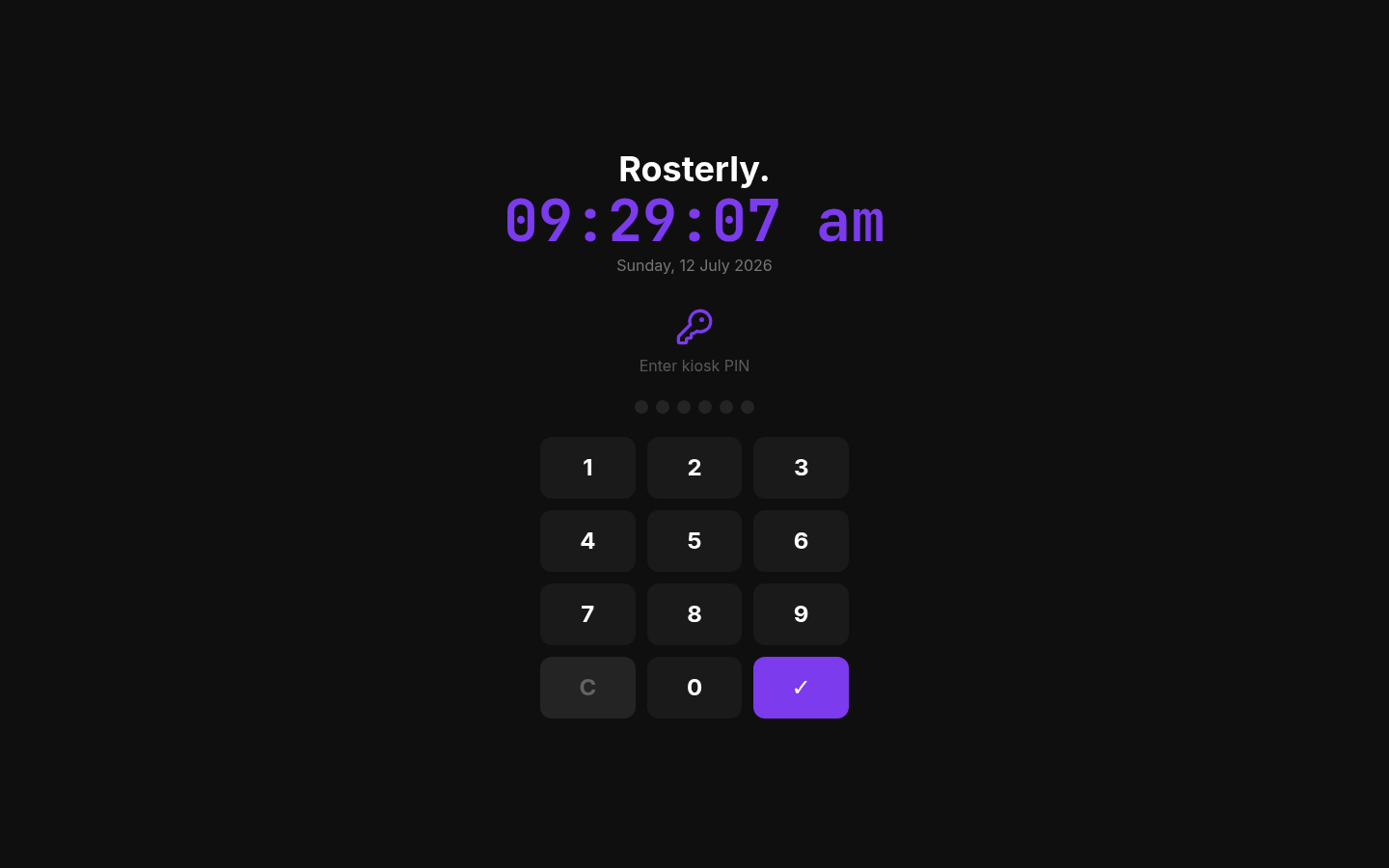 Kiosk mode showing PIN entry keypad with clock display
