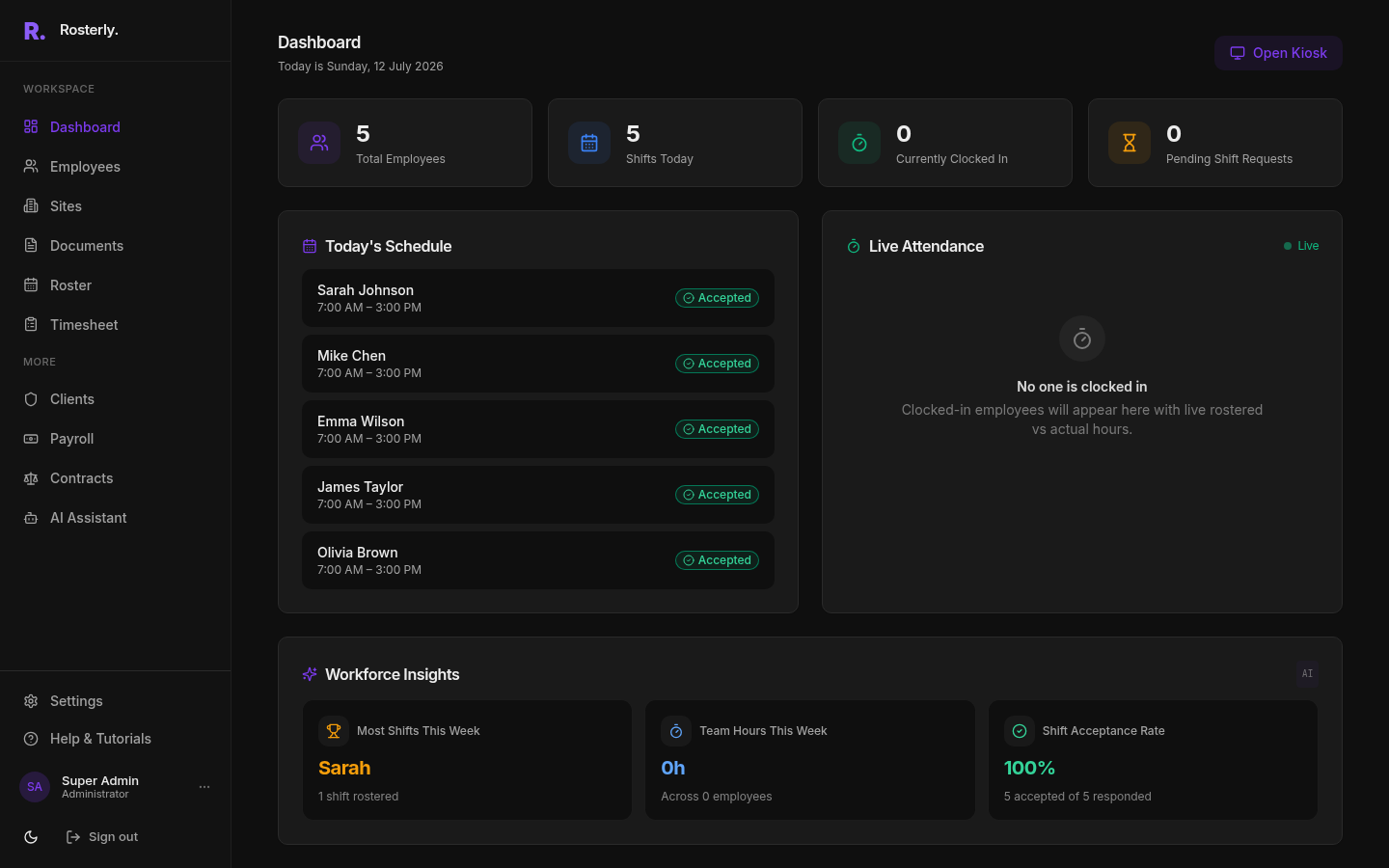 Rosterly login page with email and password form