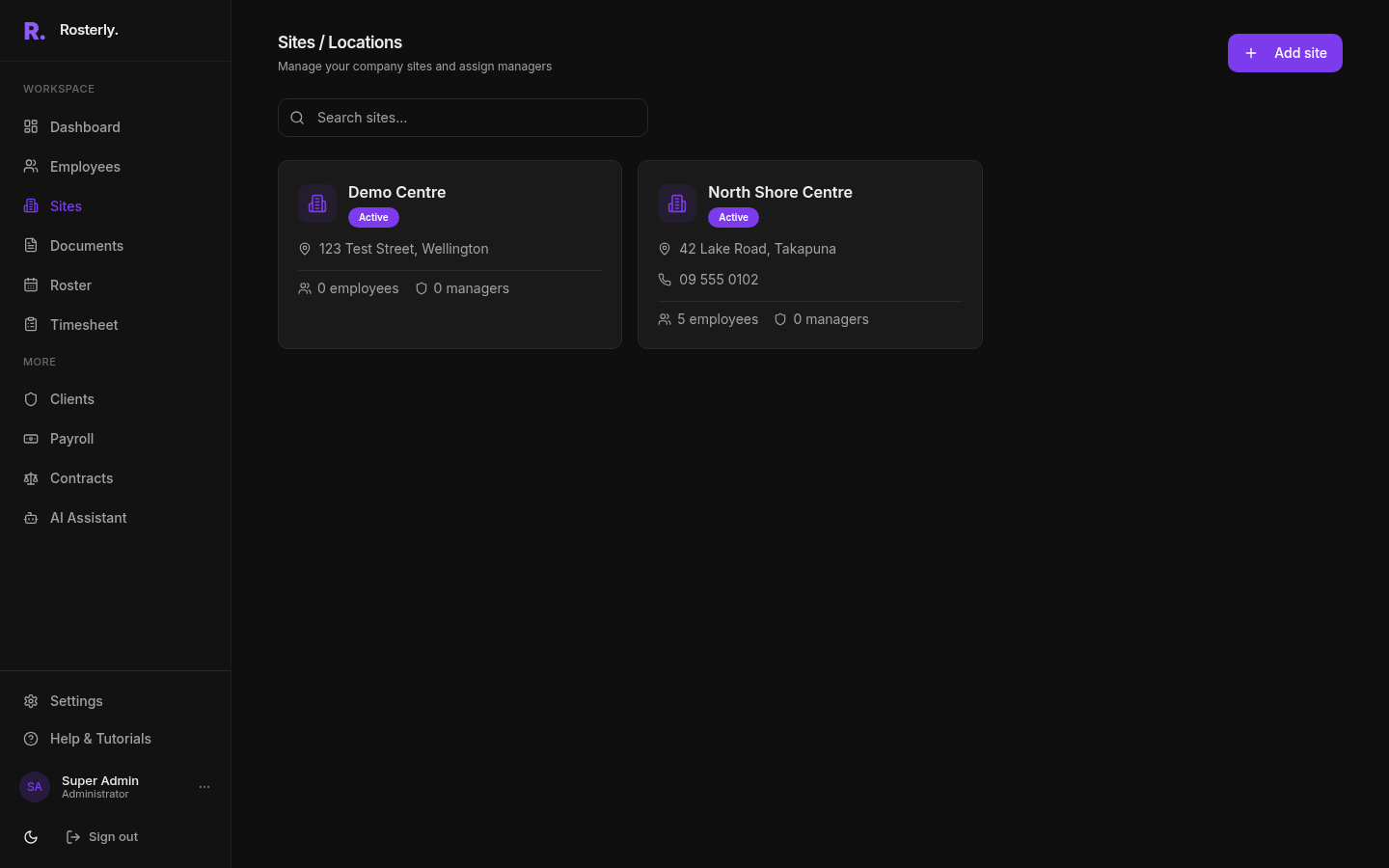 Sites management page showing multiple business locations